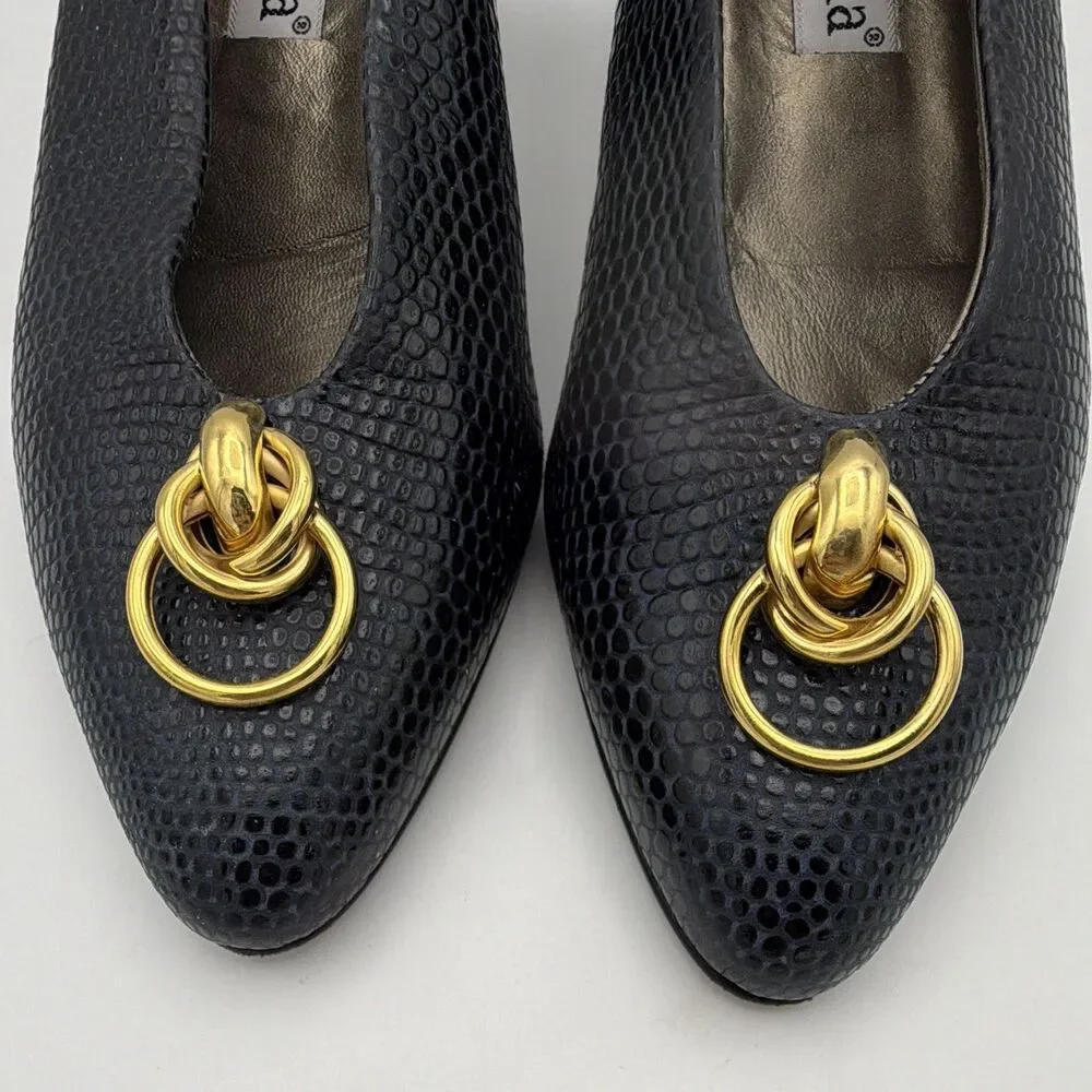 d'Rosana by Charna Black Reptile Embossed Leather Pumps Gold Hardware US 7 M